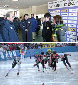 (上)選手を激励する二井知事、(下)スピードスケート成年女子1000mで3位に入賞した郷選手(左)