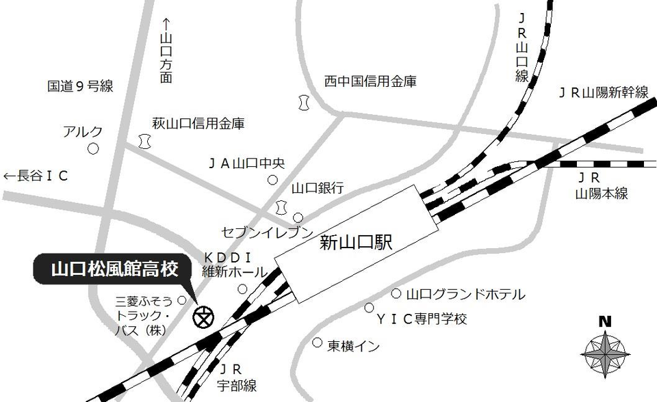 山口松風館高校周辺の地図です。