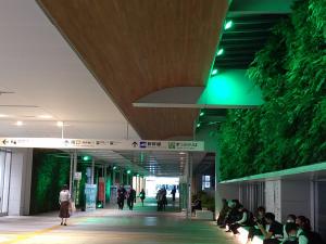 令和５年度のグリーンライトアップの様子。JR新山口駅の垂直の庭が緑色にライトアップされている。
