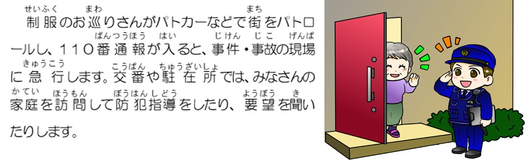 制服のおまわりさんがパトカーなどで街をパトロールし、１１０番通報が入ると、事件・事故の現場に急行します。交番や駐在所では、みなさんの家庭を訪問して防犯指導をしたり、要望を聞いたりします。