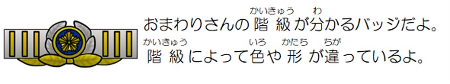 おまわりさんの階級がわかるバッジだよ。階級によって色や形が違っているよ。