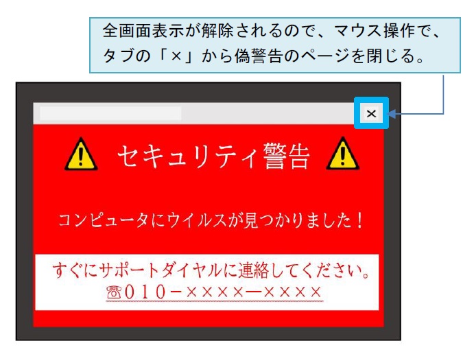 警告画面のタブを閉じる