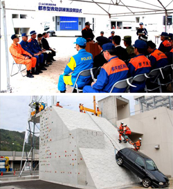 上：開設式であいさつする西村副知事、下：訓練施設を使用した消防救助隊及び県警機動隊による模擬訓練