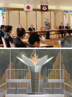 上：挨拶をする二井知事、下：炬火台のイメージ図