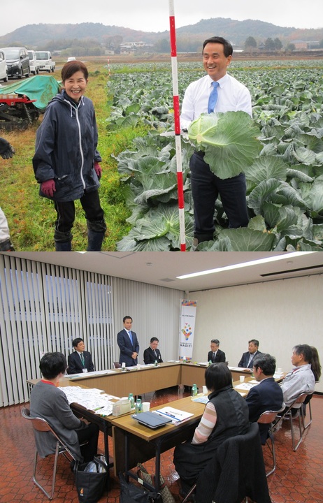 (上)農事組合法人を視察する村岡知事の写真　(下)ご意見をお聴きする村岡知事の写真