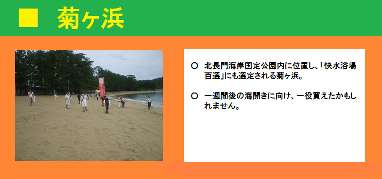 ■菊ヶ浜　北長門海岸国定公園内に位置し、「快水浴場百選」にも選定される菊ヶ浜。一週間後の海開きに向け、一役買えたかもしれません。