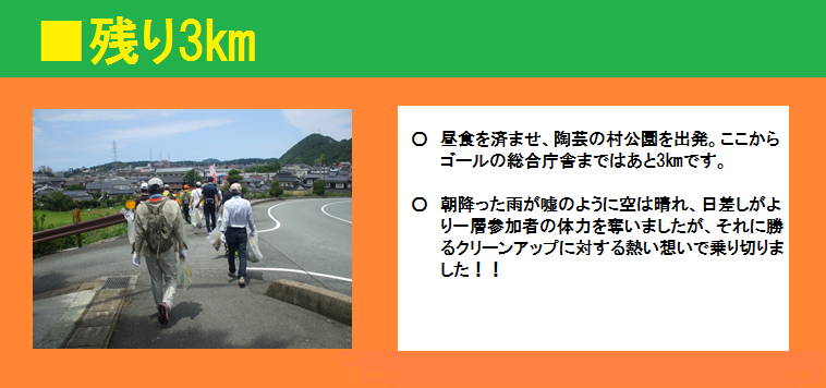 ■残り3km　昼食を済ませ、陶芸の村公園を出発。ここからゴールの総合庁舎まではあと3kmです。