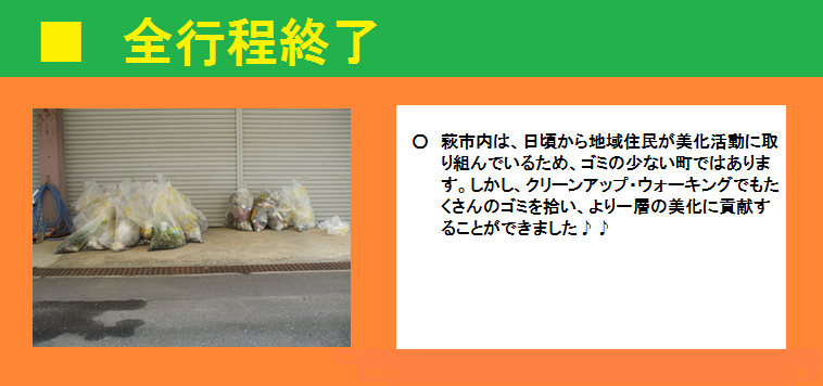 ■全行程終了　萩市内はゴミの少ない町ですが、今回のクリーンアップ・ウォーキングでより一層の美化に貢献することができました。