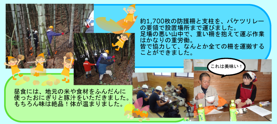 約1,700枚の防護柵と支柱をバケツリレーの要領で設置場所まで運びました。足場の悪い山中で、重い柵を抱えて運ぶ作業はかなりの重労働。