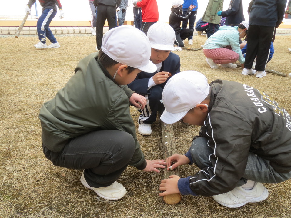 友達と協力して駒打ち体験の画像