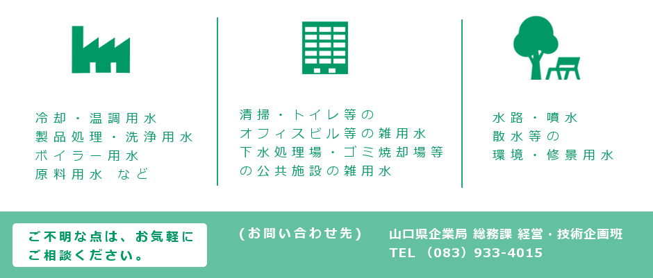 工業用水の用途は、冷却・温調、洗浄、ボイラーなどの産業用途の他、雑用水や公園等の環境・修景用水としても使用できます。詳しくはお問い合わせください。