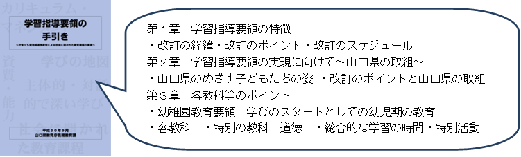 「学習指導要領の手引き」の表紙です。第1章学習指導要領の特徴第2章学習指導要領の実現に向けて～山口県の取組～第3章各教科等のポイントの3章から構成されています