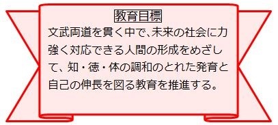 教育目標：文武両道を貫く中で、未来の社会に力強く対応できる人間の形成を目指して、知・徳・体の調和のとれた発育と自己の伸長を図る教育を推進する。