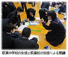 萩東中学校の生徒と萩高校の生徒がふるさと萩について熟議を行いました。